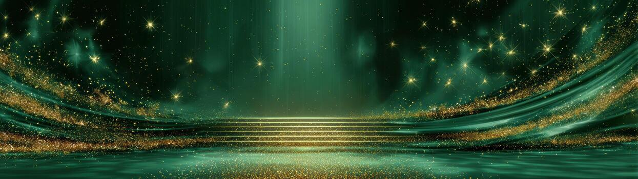 Magical green background with dynamic gold flow of light. An elegant wallpaper showing glowing stage for presentation or product display with serene ambiance photo