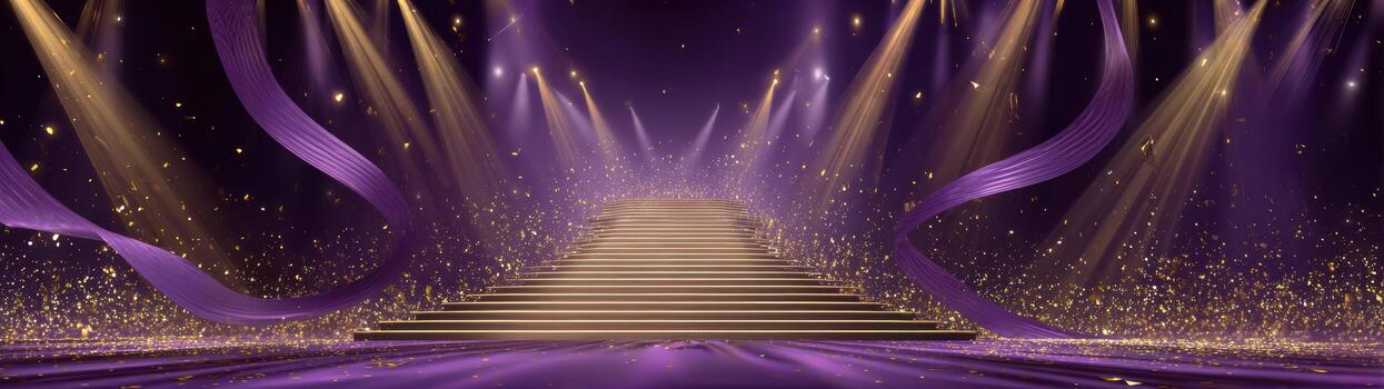Glamorous empty stage with dynamic purple and gold spotlight creates beautiful flow. An exciting background and wallpaper perfect for grand event or celebration photo