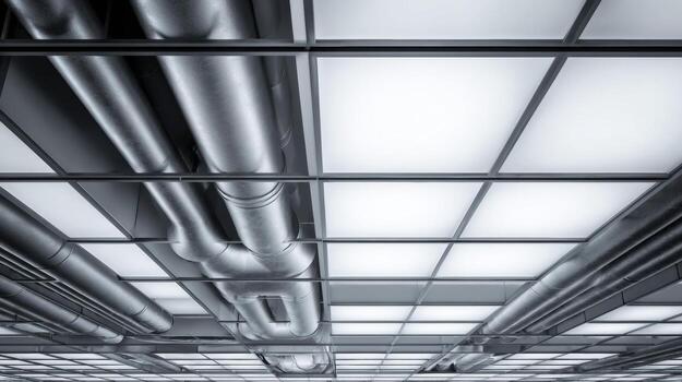 Cold, powerful view of an industrial ceiling with metal pipe and duct work. ventilation system and abstract light panel grid create futuristic background photo
