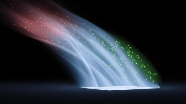 Dynamic airflow stream with color particle flow. An abstract light beam of clean energy represents futuristic technology and innovation on dark isolated background concept photo