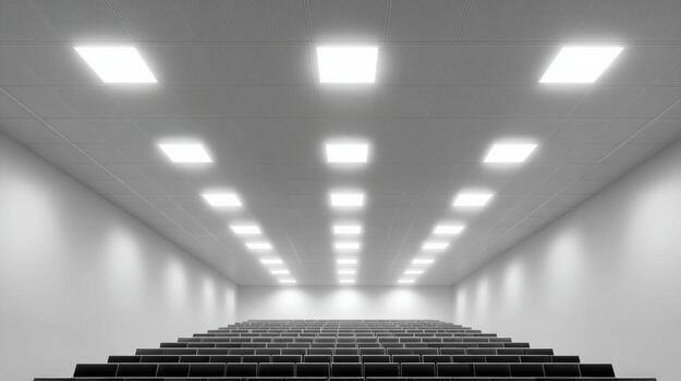 moderno arquitectura de un vacío Universidad conferencia salón sala. filas de asiento cara adelante debajo cuadrícula de techo ligero. tranquilo, minimalista, y simétrico interior diseño foto