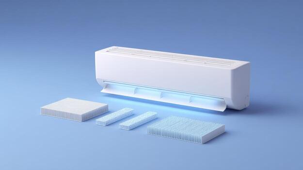 Futuristic modular air conditioner with replaceable filter parts. clean hvac system showing cooling technology and innovation for calm and efficient home environment photo