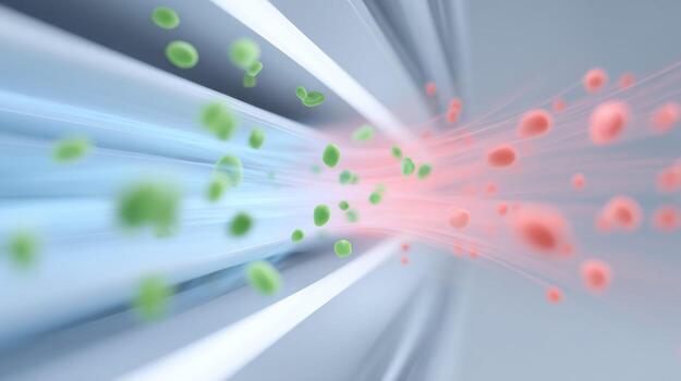 Conceptual look at science and technology with particle flow. abstract background shows research in biotechnology, representing future of innovation and cell study photo