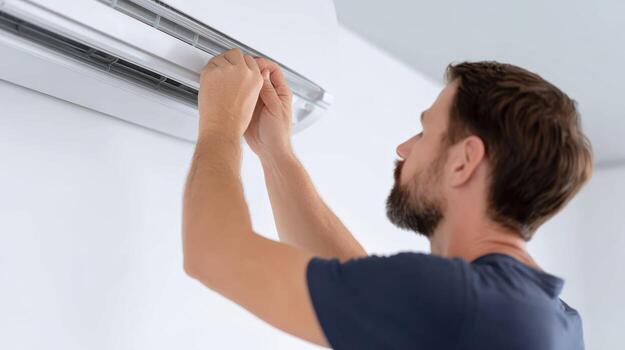 Focused professional technician, man installing an air conditioner unit. Home maintenance and service from skilled worker carefully fixing cooling system indoors photo