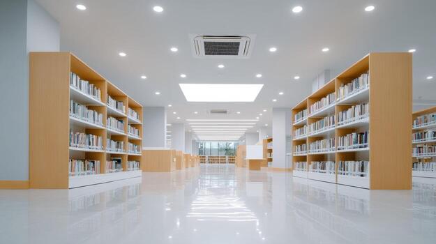 Modern library interior with clean lines and bright lighting. Empty background with bookshelf for education or knowledge concepts, peaceful and studious school setting photo