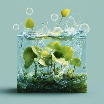 Serene concept of fresh, pure life and growth with green water plant inside cube of clean liquid. nature inspired image visualizes vitality and purity photo