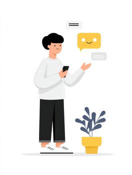 Young person interacting with friendly chatbot for customer support on mobile phone. illustration shows artificial intelligence, online communication and support photo