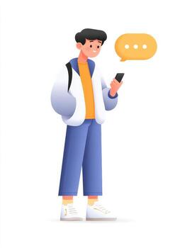 Focused man illustration with person chatting on phone. technology communication concept of user getting message from friendly chatbot application photo