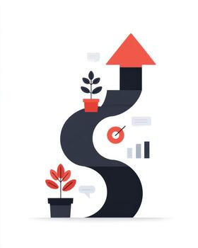 Optimistic infographic showing business journey on winding path with an arrow. concept of growth, success, development, strategy, progress, and achieving target photo