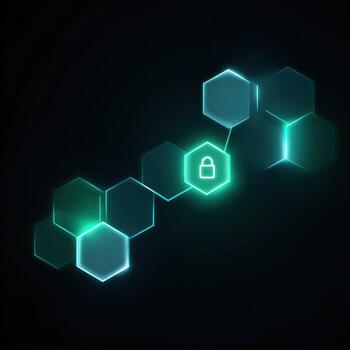 Blockchain technology network security concept with glowing padlock icon. futuristic representation of secure digital system, with interconnected hexagon shapes on dark background photo
