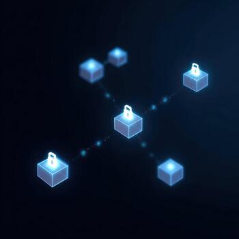 Futuristic blockchain technology with glowing blue data blocks. secure digital network connection representing decentralized system for powerful security and protection photo