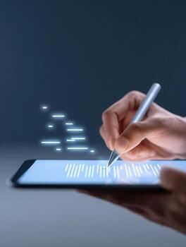 Close up of person hand signing digital contract on tablet. glowing electronic signature on document showcases modern business technology and secure agreement photo