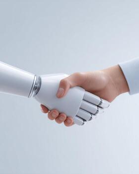 Human and robot hand shaking hands in partnership. handshake symbolizes future technology, collaboration, connection and trust, an agreement for innovation and progress photo
