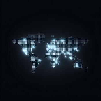 Futuristic digital world map with glowing dot pattern on dark background. concept of global network, data connection, and modern communication technology photo