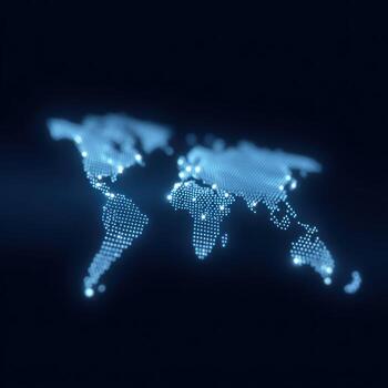 Glowing world map made of digital dots on dark background showing futuristic global network. concept of connection, data, and modern communication technology on planet photo