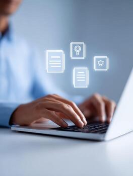 Focused professional typing on laptop for online document management. business technology system allows for efficient data processing and information access photo