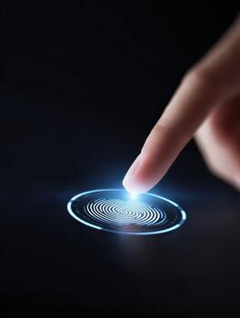 Finger pressing futuristic digital fingerprint scanner for security and identification. Biometric technology providing secure access and unlocking system with simple touch photo