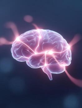 Glowing human brain with neural network activity. Conceptual medical science showing intelligence, memory, and consciousness with synapse firing in mind on blue background photo