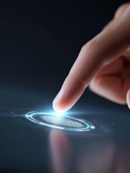 Futuristic finger unlocking high security system with digital fingerprint scan. Concept of access, biometrics, identity verification, technology and protection on modern touchscreen photo