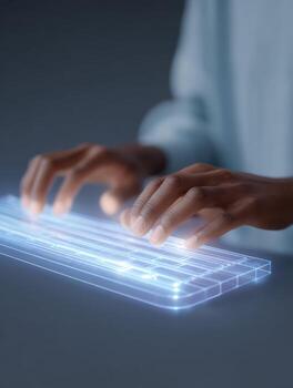 Focused person hands typing on futuristic, transparent, glowing keyboard. close up of digital interface technology work with modern and sleek blue light concept photo