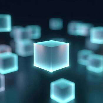 Futuristic concept of blockchain technology with glowing blue cube and secure network of blocks on dark background. Abstract digital representation of data and finance photo