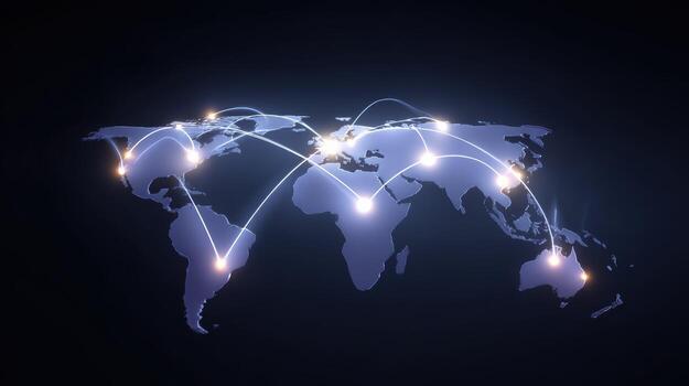 Global network connection and communication technology visualization on world map representing international business and logistics, concept of bright and interconnected future photo