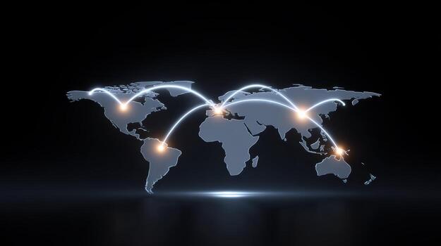 Futuristic world map with glowing global network connection. An optimistic visualization of international business, logistics, technology, communication, and trade flow photo