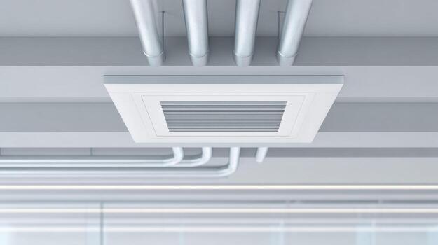 Clean minimalist close up of modern ceiling with an air vent and pipe system. An engineered aesthetic showcasing building infrastructure and ventilation with orderly precision photo