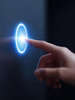 Human finger makes touch on futuristic glowing blue button. biometric scanner on interface provides secure access, showing purposeful interaction photo