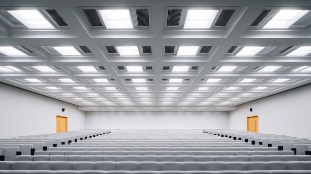 Spacious, empty lecture hall auditorium with modern architecture. university interior features geometric ceiling and rows of seats, creating quiet and orderly scene photo