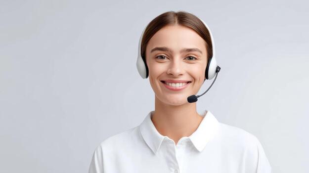 Happy smiling customer support woman agent with headset providing professional service at call center. friendly operator ready to help with positive attitude photo