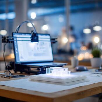 Innovative printer creating complex architectural model prototype in modern engineering office. high fidelity design showcases futuristic technology with precision and focus photo