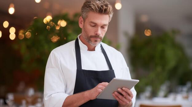 Focused professional chef in modern restaurant using tablet for management. serious caucasian man in uniform working with technology for his small business hospitality photo