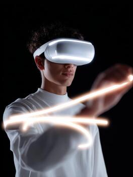 Young man wearing virtual reality headset, focused and immersed in digital world. Creative professional interacting with glowing light stream on black background photo