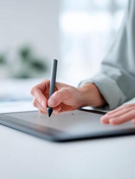 Focused creative professional sketching new design with stylus. hand is drawing on digital tablet, using modern technology for creative project in an office photo