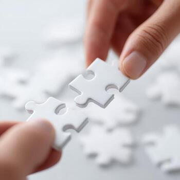 Focused hands connecting final white jigsaw puzzle piece. concept of teamwork, strategy, solution, and problem solving. Success in business connection and collaboration photo