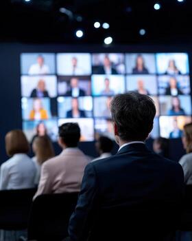 Focused group of professionals attending hybrid conference. An audience watching virtual presentation on large screen during business seminar, engaged in online learning photo