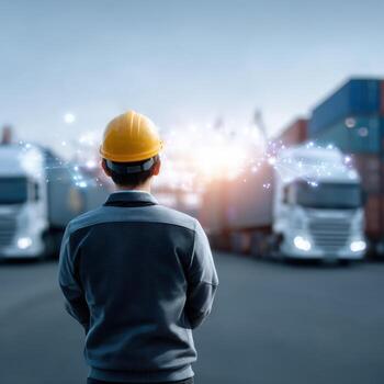 Focused logistics manager from behind overseeing fleet of autonomous truck vehicles. Future transportation technology with artificial intelligence for managing supply chain network photo