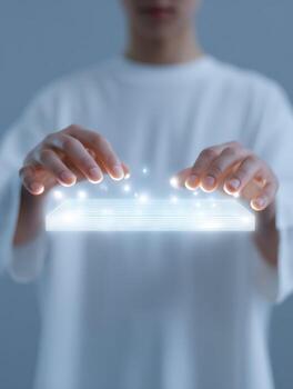 Focused person with hands over digital futuristic interface. virtual hologram of light shows innovation and technology. conceptual image about future connection and progress photo