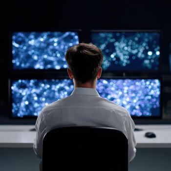 Focused cybersecurity expert monitoring complex network data on multiple screen. man working with high technology in dark control room, analyzing information photo