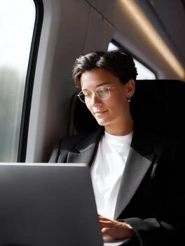 Focused young businesswoman in business attire working on laptop computer. calm professional person on train journey, concentrating on work by window during commute photo