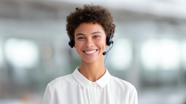 Happy customer support agent woman with headset smiling in office. Friendly portrait shows professional service from call center operator, offering help and assistance online photo