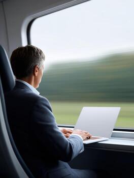 Focused businessman in business attire working on laptop computer during train journey. male professional in suit commuting, concentrating on screen by window photo