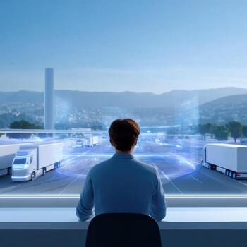 Focused logistics manager overseeing fleet of autonomous truck using futuristic technology. professional at control center supervising innovation and transportation photo