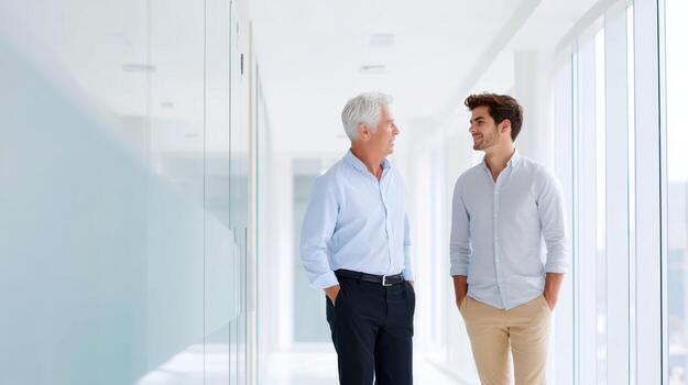 Senior executive mentoring smiling junior employee while walking and talking in bright office hallway. Two cheerful businessmen in positive discussion and collaboration photo
