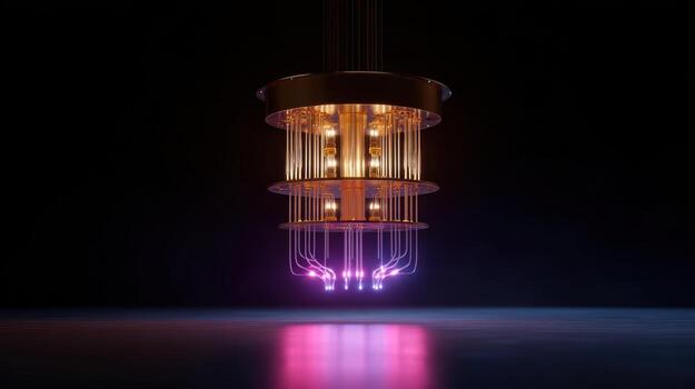 Awe inspiring quantum computer with intricate wiring and vibrant glow. Futuristic technology representing leap in computing, science, and artificial intelligence photo