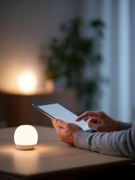Focused person using tablet for smart home automation control at night. Wireless technology adjusts warm lamp, creating calm and modern connected lifestyle photo