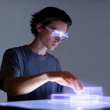 Focused young man interacting with futuristic augmented reality technology. person wearing glowing smart glasses works with holographic digital interface on table photo