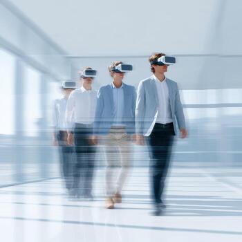 Focused team of professional architect people walking in futuristic office with virtual reality headset technology. business group shows determination and teamwork photo
