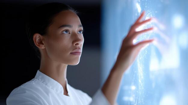 Focused researcher analyzing futuristic data on transparent screen. woman interacts with glowing virtual interface, showing concentration on work with new technology photo